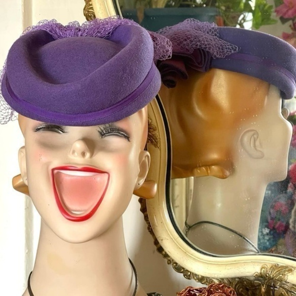 Vintage 1980s Wool Fascinator Hat Lilac Purple With Accordion Bow Original Veil - Picture 2 of 16